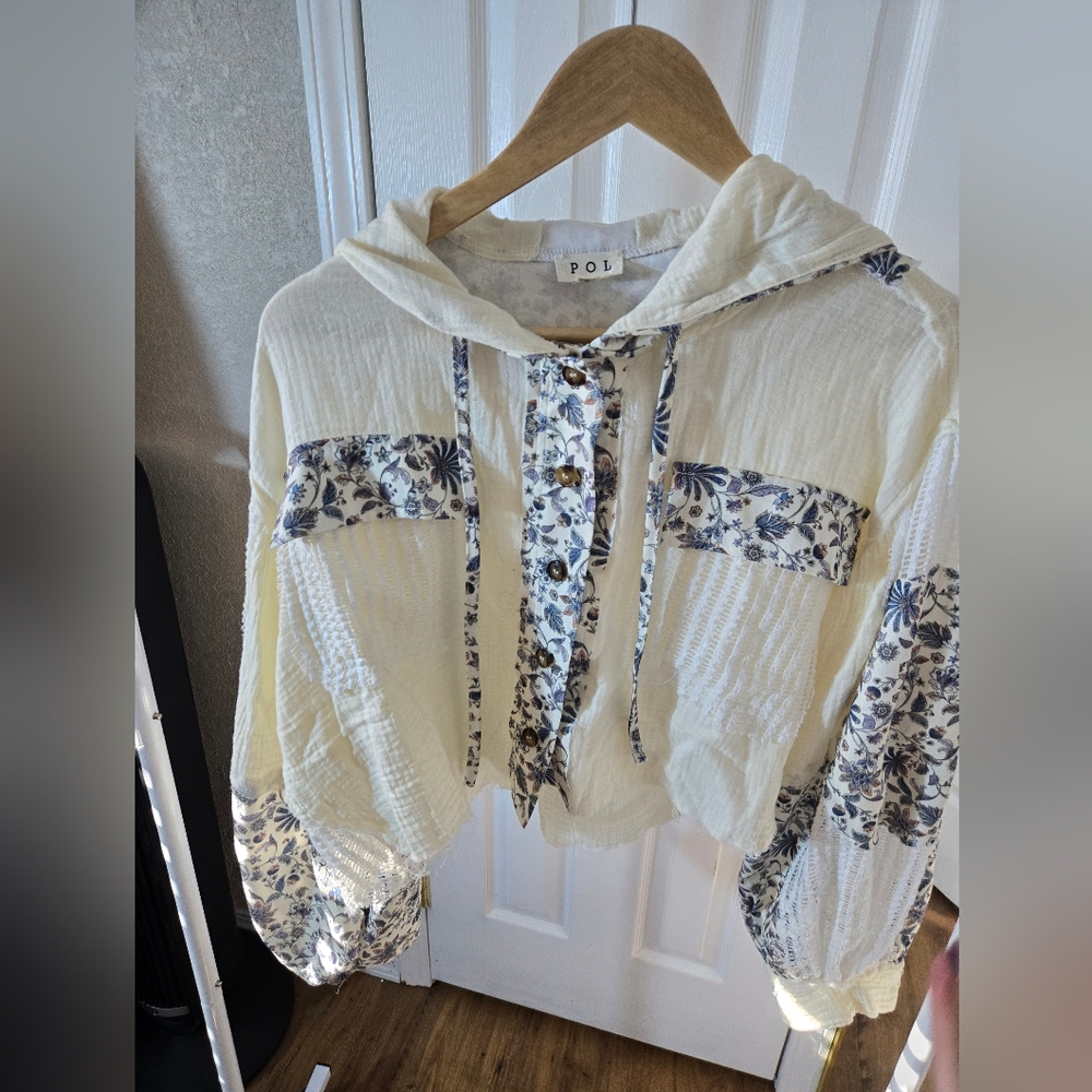 POL Cream and Blue Floral Gauze Hooded Top